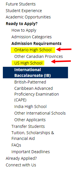 Specific Admission Requirements for different educational backgrounds at Faculty of Arts and Science (University of Toronto)