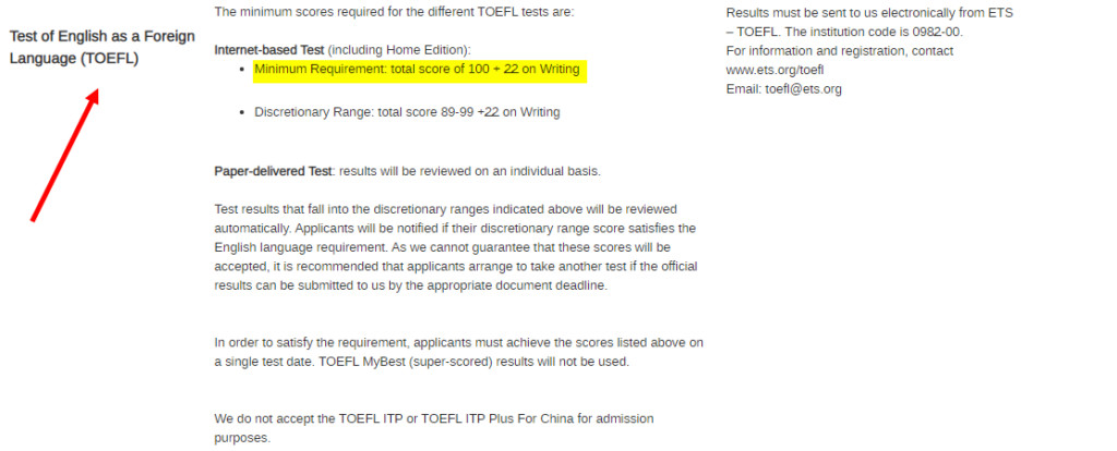  TOEFL Details and Minimum Requirements for admission to U of T 