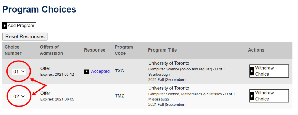 Program Choices Section (OUAC Application to University of Toronto)