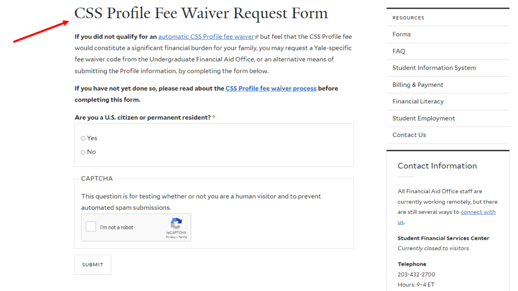 Yale CSS Profile Fee Waiver Form