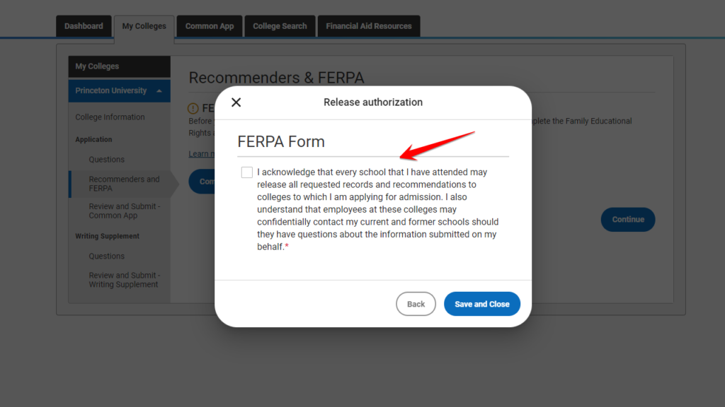 FERPA Student Education Records Sharing Notice on the Common App 