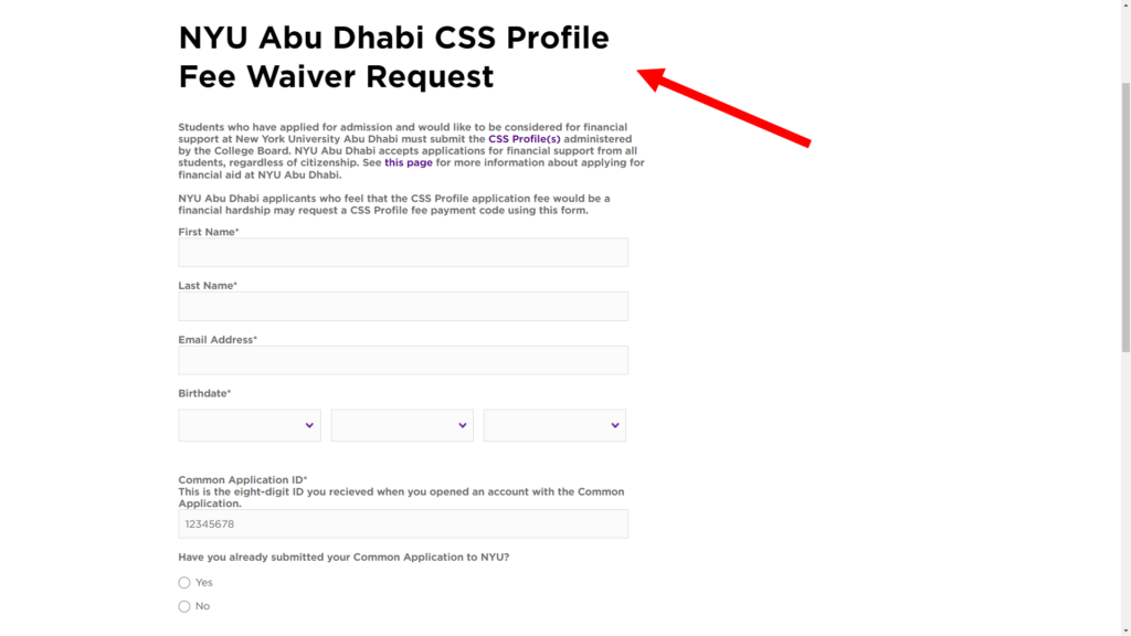 New York University Abu Dhabi CSS Profile Fee Waiver Request Form