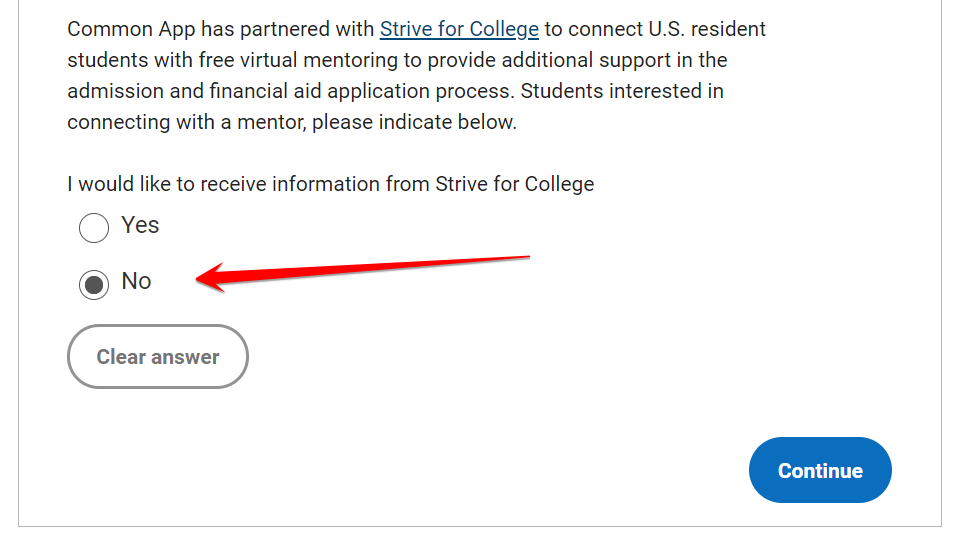 Skip the 'Strive for College' Question if you are an International Student 