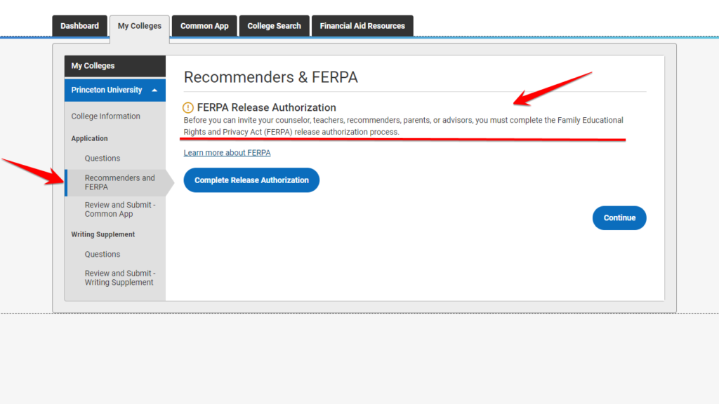 FERPA Release Authorization in the Recommenders and FERPA Section on Common App
