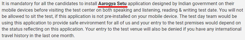 Aarogya Setu App Requirement for IELTS (IDP Email)