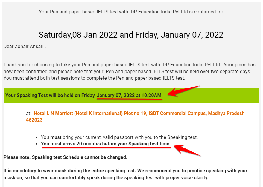 IELTS Speaking Test Date & Time Email from IDP