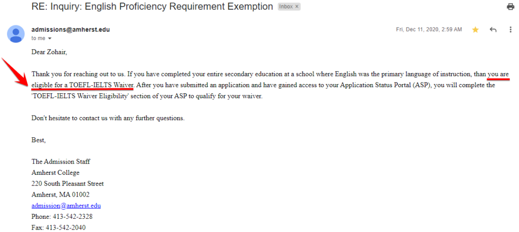 English Language Proficiency Test Exemption via Email from Amherst College