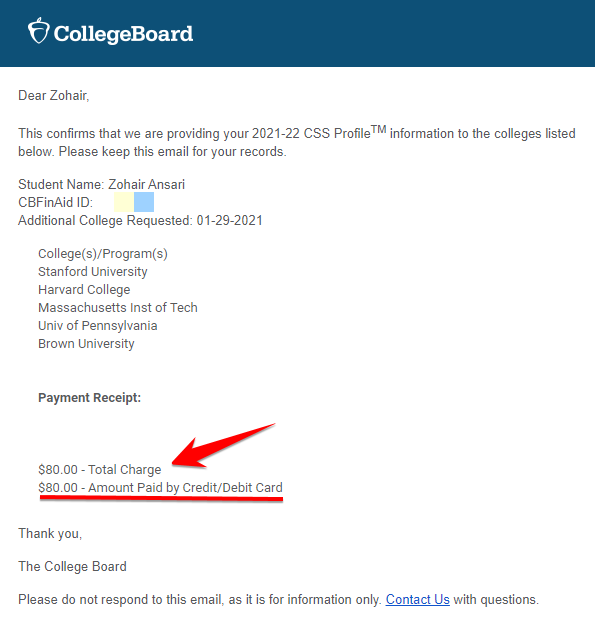 Payment Receipt for the CSS Profile from College Board for Stanford University, Harvard College, MIT, UPenn and Brown University (US College Application Expense)