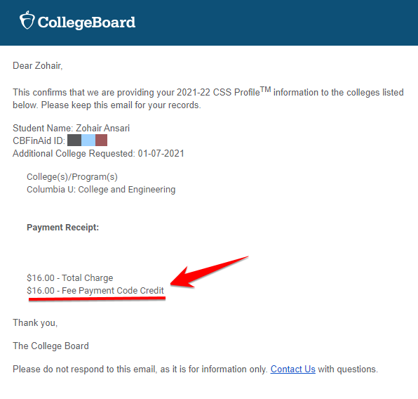 Payment of the CSS Profile through CSS Profile Fee Waiver Code from Columbia University (US College Application Expense)