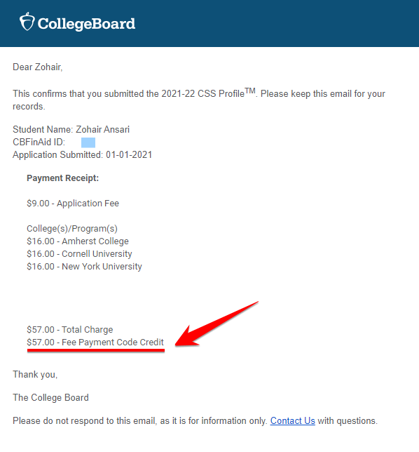 Payment of the CSS Profile through CSS Profile Fee Waiver Codes from Amherst College, Cornell University, and New York University (US College Application Expense)
