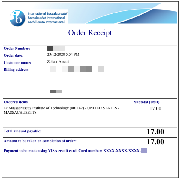 IB Transcript Request Order Receipt for Massachusetts Institute of Technology or MIT (US College Application Expense)
