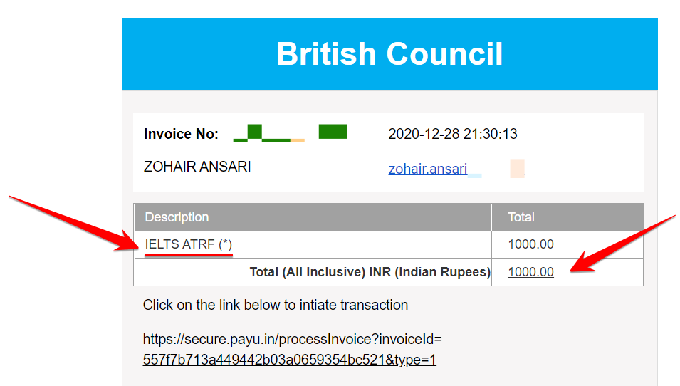 Invoice Generated from British Council of five ATRF Request for IELTS (US College Application Expense)